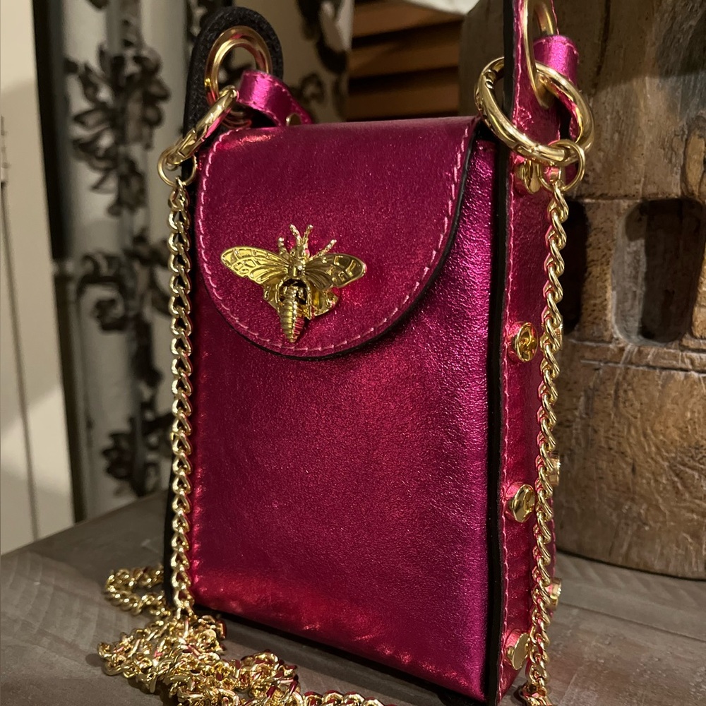 NWOT Vera Pelle Italian Leather Bee Handbag in Metallic Pink and Brilliant Gold - Picture 1 of 16